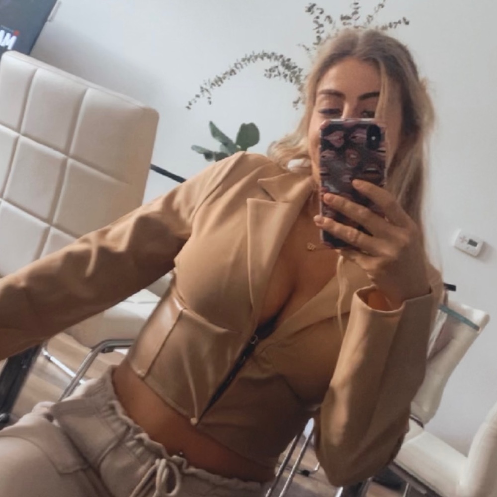 Tan half faux leather collared corset top size M